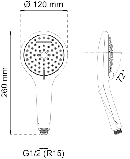 Ritning av en duschhandtagsspridare, mått 260 mm, Ø 120 mm; anslutning G1/2 (R15), vinkel 72°.