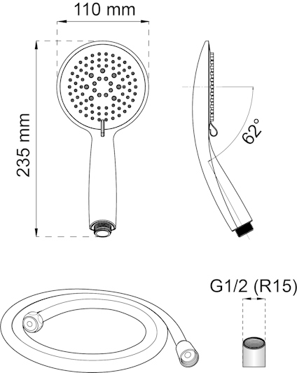 Ritning av handdusch med mått 235 mm x 110 mm och lutning 62°. Medföljande slang och gänga G1/2 (R15).