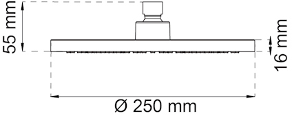 Ritning av duschhuvud med mått: diameter 250 mm, höjd 16 mm, totalhöjd inklusive arm 55 mm.