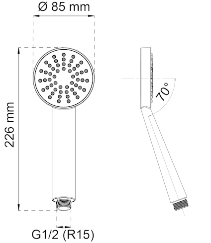 Ritning av ett duschmunstycke med mått: diameter 85 mm, längd 226 mm, gängstorlek G1/2 (R15) och 70° vinkel.
