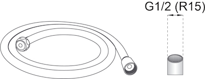 Ritning av en flexibel duschslang med G1/2 (R15) anslutning.