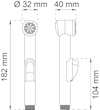 Ritning av handdusche, 182 mm hög, 32 mm diameter, 40 mm bredd, 104 mm duschhuvudshöjd.