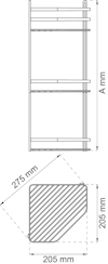 Ritning av hyllstrukturer med mått: A mm, 275 mm, 205 mm, sektion visar diagonalt streckat mönster.