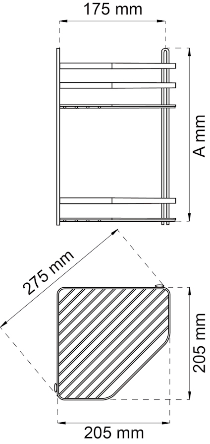 Skiss av ett fyrkantigt föremål med måttangivelser: 175 mm, 205 mm, 275 mm.