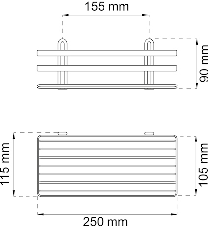 Ritning av rektangulär hylla med mått: 155 mm x 90 mm (höjd), 250 mm x 115 mm (bas).
