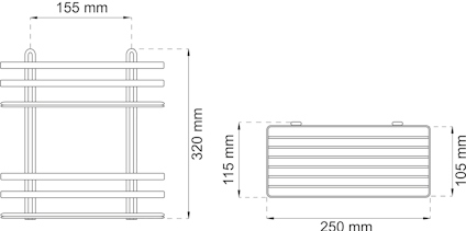 Ritning av metallställning med mått: höjd 320 mm, bredd 250 mm, djup 115 mm och 105 mm.