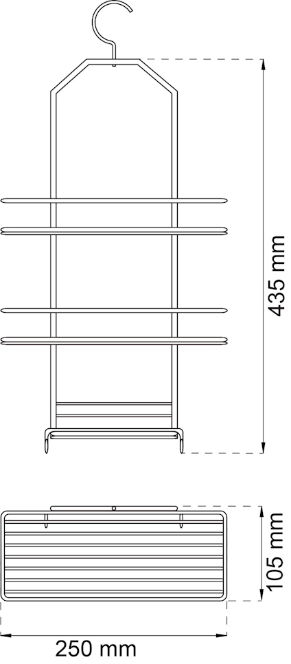 Ritning av hängande hylla med tre plan, 435 mm hög, 250 mm bred och 105 mm djup.