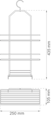 Ritning av en hängande förvaringshylla med tre nivåer, mått: 435 mm hög, 250 mm bred, 105 mm djup.