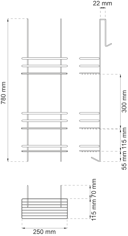 Ritning av ett metallställ med mått: höjd 780 mm, bredd 250 mm, djup 22 mm. Flera hyllor markerade.