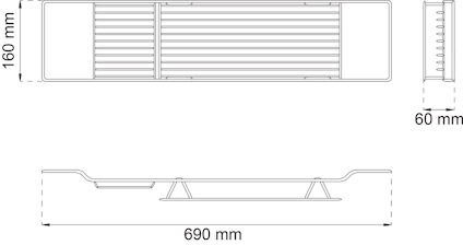Ritning av rektangulärt ventilgaller, mått: 690 mm bredd, 160 mm höjd, 60 mm djup.