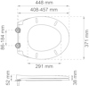 Ritning av toalettsits med mått: 448 mm bred, 408-457 mm lång, 371 mm djup, höjd 52 mm, bultavstånd 86-184 mm.