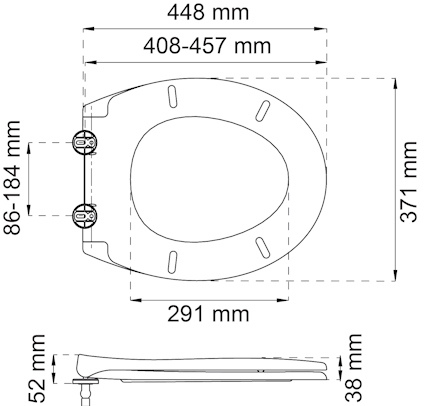 Ritning av toalettsits med mått: 448 mm bred, 408-457 mm lång, 371 mm djup, höjd 52 mm, bultavstånd 86-184 mm.