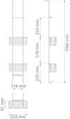 Ritning av duschhylla med mått: 1000 mm hög, 223 mm bred, 91 mm djup. Hyllplan 114 mm breda.