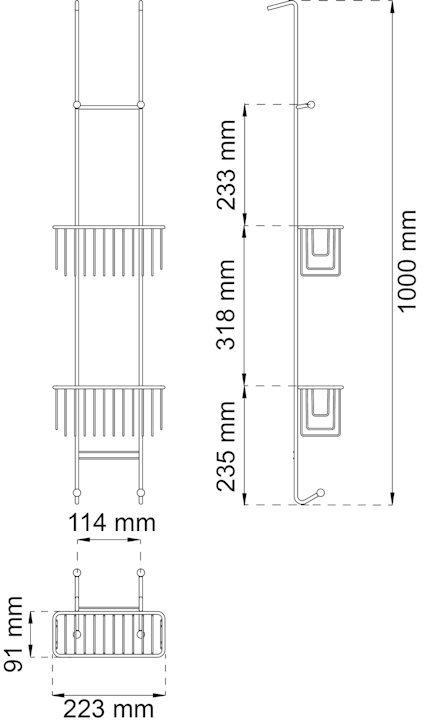 Ritning av duschhylla med mått: 1000 mm hög, 223 mm bred, 91 mm djup. Hyllplan 114 mm breda.