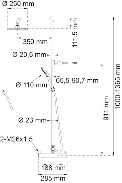 Ritning av duschset med måttangivelser i millimeter, inklusive höjd och diameter.