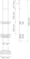 Diagram över duschhylla med mått; höjd 1000 mm, bredd 261 mm, djup 127 mm. Hyllplan vid 300 mm och 305 mm.