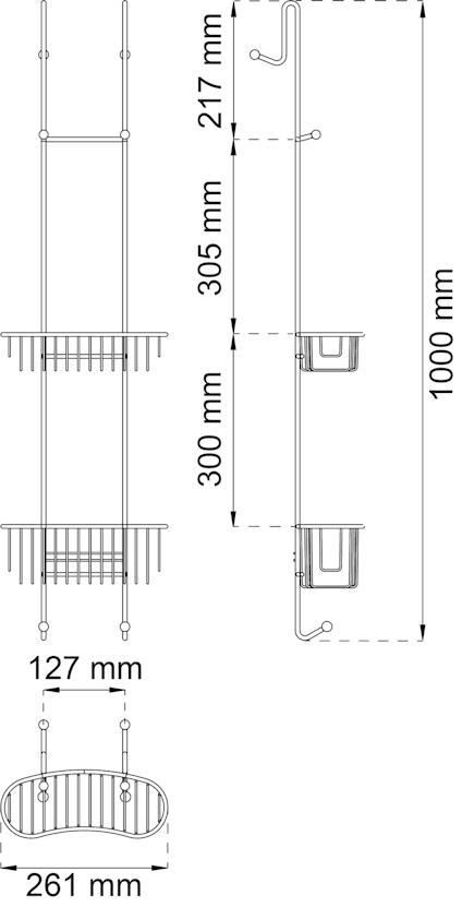 Ritning av duschhylla med tre nivåer och krokar, dimensioner: 261 mm bredd, 1000 mm höjd totalt.