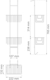 Ritning av trådhylla med mått: bredd 222 mm, djup 107 mm, höjd 765 mm, avstånd mellan korgar 314 mm.