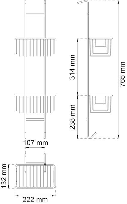 Ritning av trådhylla med mått: bredd 222 mm, djup 107 mm, höjd 765 mm, avstånd mellan korgar 314 mm.