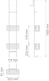 Diagram av duschhylla med två korgar, mått: 1000 mm hög, korgmått 232 mm och 318 mm. Total bredd 223 mm.