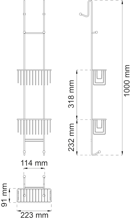 Duschhylla med två korgar, mått: höjd 1000 mm, bredd 223 mm, djup 114 mm.
