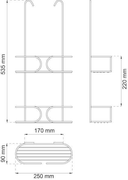 Ritning av hyllplan med mått: höjd 535 mm, bredd 170 mm, djup 90 mm. Sidovy höjd 220 mm, bredd 250 mm.