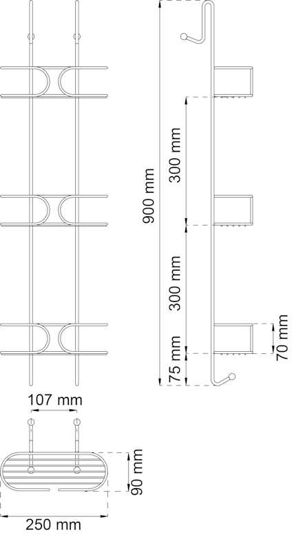 Ritning av metallhylla med tre sektioner, längd 900 mm, bredd 250 mm, djup 107 mm. Sektionernas höjd är 300 mm vardera.