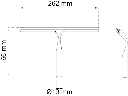 Ritning av fönsterskrapa med mått: bredd 262 mm, höjd 166 mm, skaftdiameter Ø19 mm.