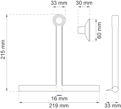Ritning av T-formad armatur med måtten 215 mm höjd, 219 mm bredd och 60 mm väggdel.