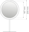 Rund spegel på ställ med måtten 167 mm x 200 mm.