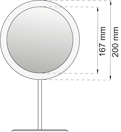 Rund spegel på ställ med måtten 167 mm x 200 mm.