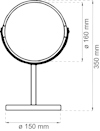 Ritning av en rund spegel på stativ med mått. Total höjd 350 mm, spegelns diameter 160 mm, basens diameter 150 mm.