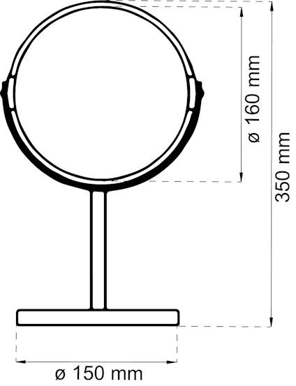 Ritning av en rund spegel på stativ med mått. Total höjd 350 mm, spegelns diameter 160 mm, basens diameter 150 mm.