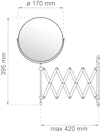 Illustration av en utdragbar väggspegel med diameter 170 mm och maxlängd 420 mm, höjd 395 mm.