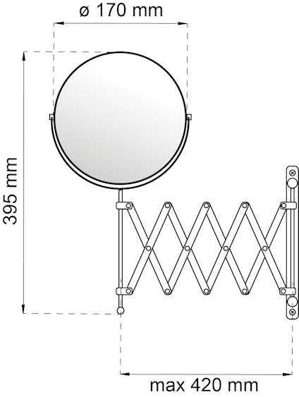 Illustration av en utdragbar väggspegel med diameter 170 mm och maxlängd 420 mm, höjd 395 mm.
