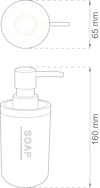 Skiss av tvålpump med mått: höjd 160 mm, diameter 65 mm. Text "SOAP" på flaskan.