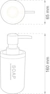 Ritning av tvålpump med mått: 65 mm bredd och 160 mm höjd. Text: "SOAP".