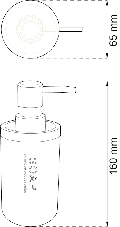Ritning av tvålpump med mått: 65 mm bredd och 160 mm höjd. Text: "SOAP".