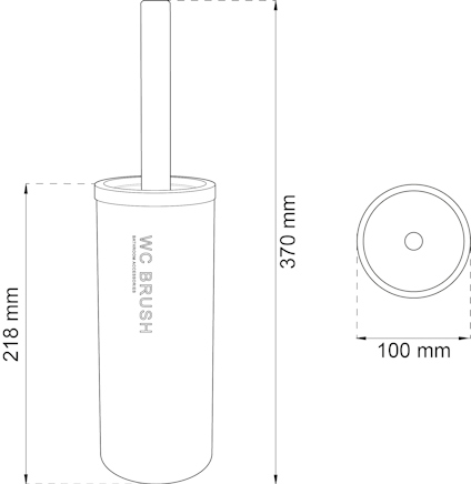 Ritning av toalettborste med handtag, höjd 370 mm, diameter 100 mm, med texten "WC BRUSH" på behållaren.