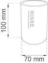 Cylindrisk behållare med text "RINSE BATHROOM ACCESSORIES", 100 mm hög och 70 mm bred.