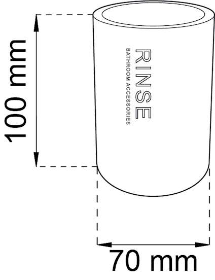 Cylindrisk behållare med text "RINSE BATHROOM ACCESSORIES", måtten 100 mm hög och 70 mm i diameter.
