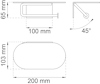 Diagram över väggmonterad armatur med mått: 200x103 mm platta, 100x65 mm hållare, 45 graders platt vinkeldesign.