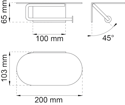 Ritning av metallbeslag med mått: 65x100 mm, 200x103 mm. Anger även 45 graders vinkel.