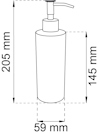 Streckritning av en tvålpump med höjden 205 mm och bredden 59 mm anges, själva behållaren 145 mm hög.