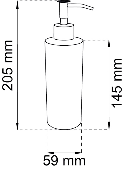 Streckritning av en tvålpump med höjden 205 mm och bredden 59 mm anges, själva behållaren 145 mm hög.