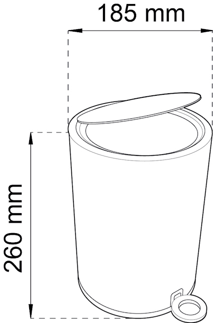 Illustration av en papperskorg med pedal. Höjd 260 mm, bredd 185 mm.