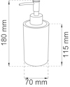Ritning av en tvålpump med mått: höjd 180 mm, behållarhöjd 115 mm, bredd 70 mm.
