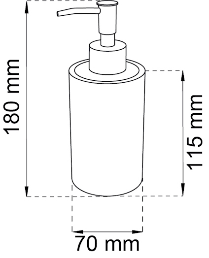 Ritning av en tvålpump med mått: höjd 180 mm, behållarhöjd 115 mm, bredd 70 mm.