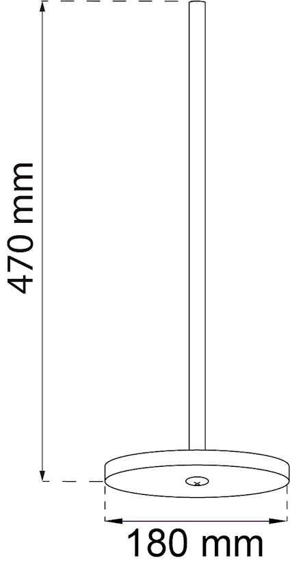 Streckritning av en vertikal stång monterad på en rund bas, dimensionerna 470 mm höjd och 180 mm diameter visas.