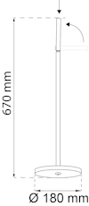 Ritning av toalettpappershållare med måtten 670 mm hög och en bas med Ø 180 mm.